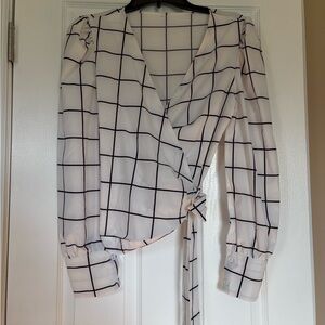 SHEIN White and Black Grid Wrap Blouse
